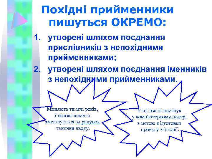 Похідні прийменники пишуться ОКРЕМО: 1. утворені шляхом поєднання прислівників з непохідними прийменниками; 2. утворені