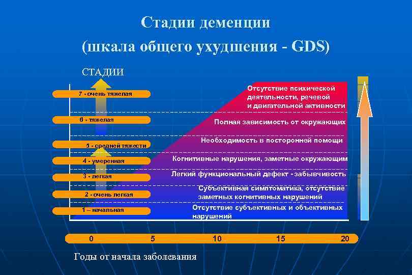 Стадии деменции (шкала общего ухудшения - GDS) СТАДИИ Отсутствие психической деятельности, речевой и двигательной