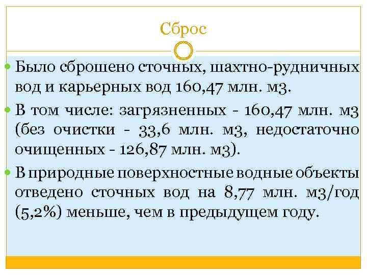 Сброс Было сброшено сточных, шахтно-рудничных вод и карьерных вод 160, 47 млн. м 3.