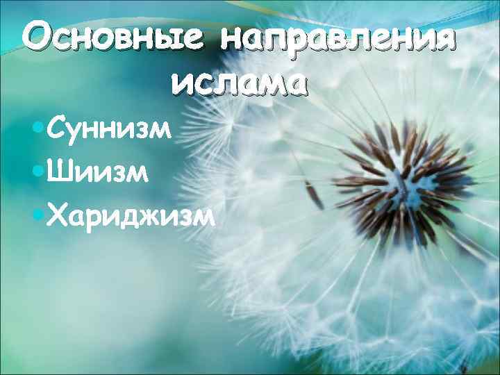 Основные направления ислама Суннизм Шиизм Хариджизм 