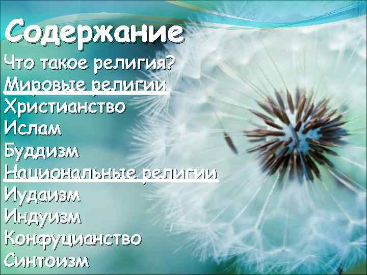 Содержание Что такое религия? Мировые религии Христианство Ислам Буддизм Национальные религии Иудаизм Индуизм Конфуцианство