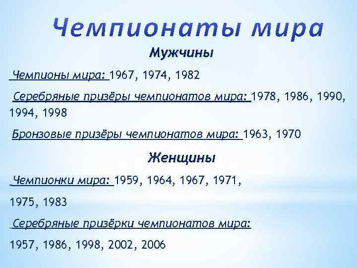 Мужчины Чемпионы мира: 1967, 1974, 1982 Серебряные призёры чемпионатов мира: 1978, 1986, 1990, 1994,