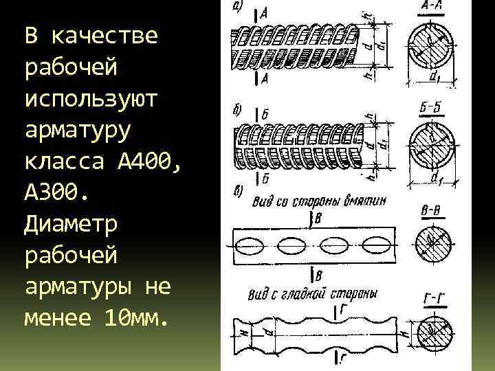 В качестве рабочей используют арматуру класса А 400, А 300. Диаметр рабочей арматуры не