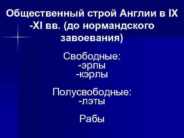 Общественный строй Англии в IХ -ХI вв. (до нормандского завоевания) Свободные: -эрлы -кэрлы Полусвободные: