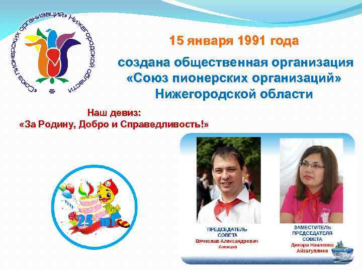 15 января 1991 года создана общественная организация «Союз пионерских организаций» Нижегородской области Наш девиз: