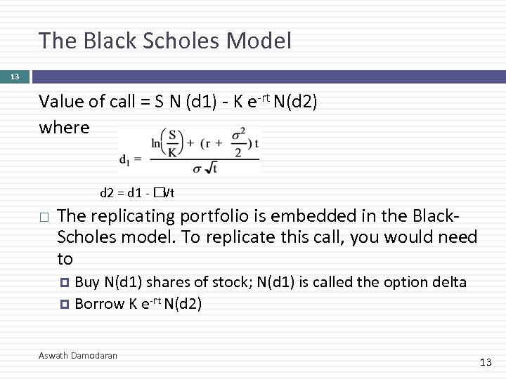 The Black Scholes Model 13 Value of call = S N (d 1) -