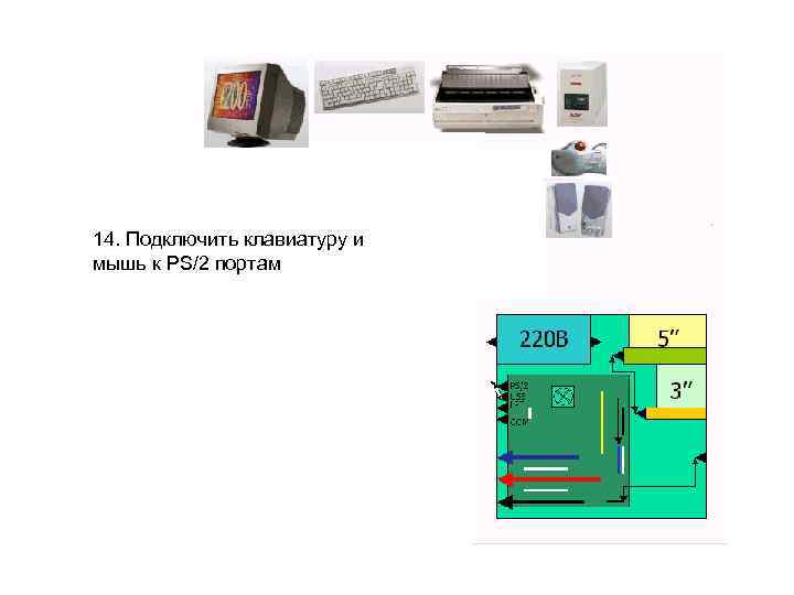 14. Подключить клавиатуру и мышь к PS/2 портам 