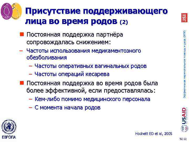 n Постоянная поддержка партнёра сопровождалась снижением: – Частоты использования медикаментозного обезболивания – Частоты оперативных