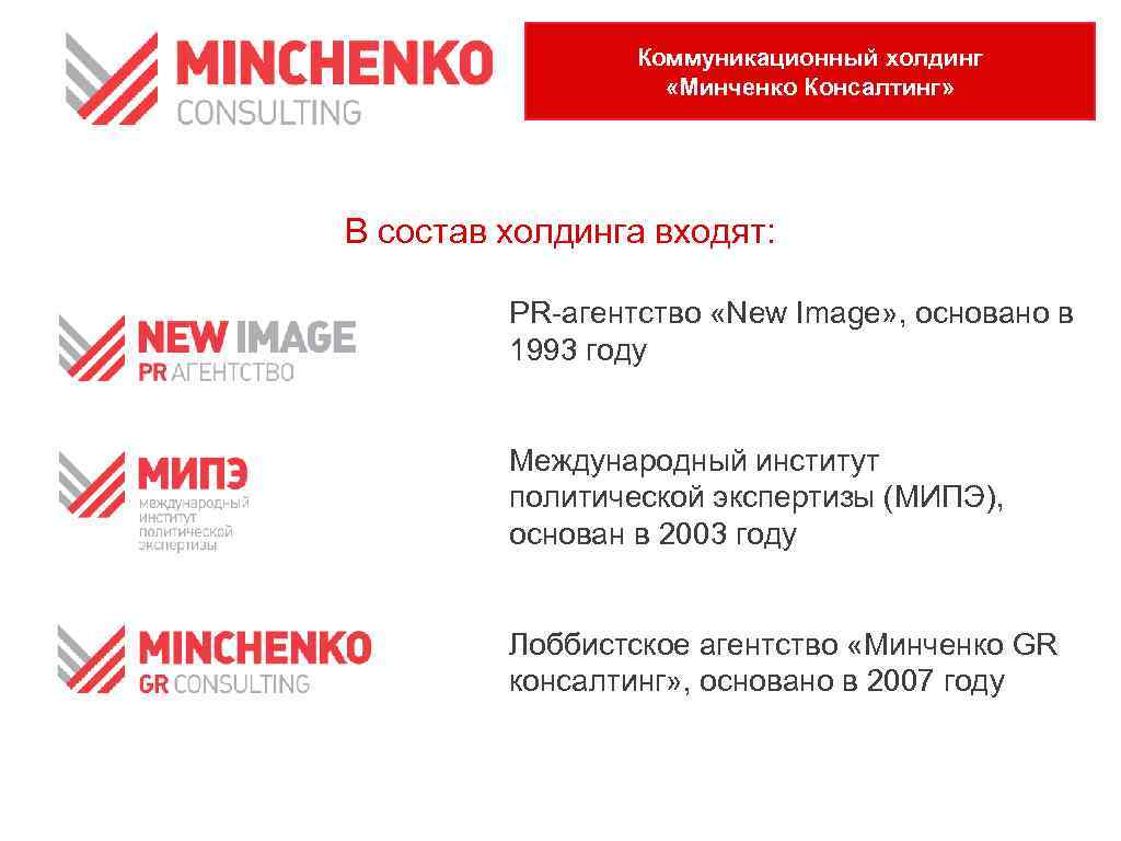 Коммуникационный холдинг «Минченко Консалтинг» В состав холдинга входят: PR-агентство «New Image» , основано в