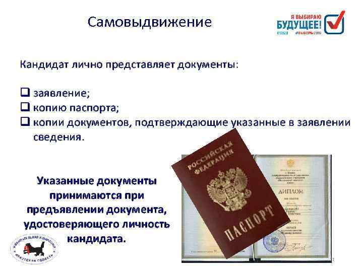 Самовыдвижение Кандидат лично представляет документы: q заявление; q копию паспорта; q копии документов, подтверждающие