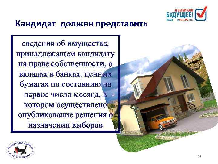 Кандидат должен представить сведения об имуществе, принадлежащем кандидату на праве собственности, о вкладах в