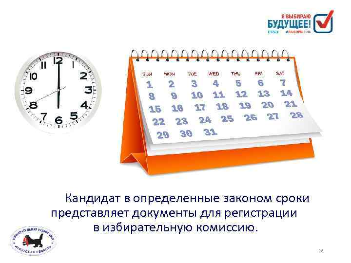 Кандидат в определенные законом сроки представляет документы для регистрации в избирательную комиссию. 16 