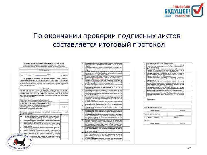По окончании проверки подписных листов составляется итоговый протокол 30 