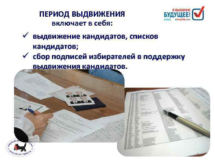 ПЕРИОД ВЫДВИЖЕНИЯ включает в себя: выдвижение кандидатов, списков кандидатов; сбор подписей избирателей в поддержку