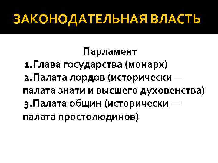 ЗАКОНОДАТЕЛЬНАЯ ВЛАСТЬ Парламент 1. Глава государства (монарх) 2. Палата лордов (исторически — палата знати