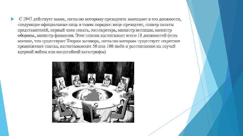  C 1947 действует закон, согласно которому президента замещают в его должности, следующие официальные