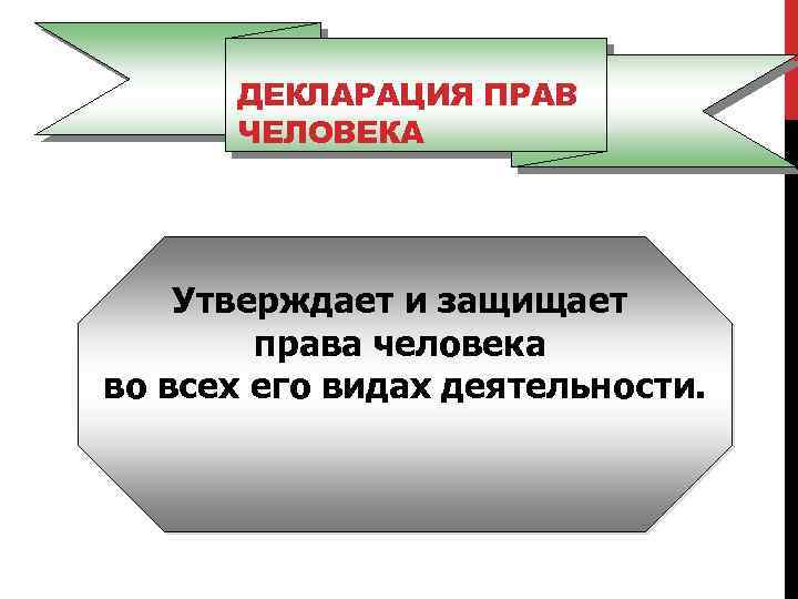 ДЕКЛАРАЦИЯ ПРАВ ЧЕЛОВЕКА Утверждает и защищает права человека во всех его видах деятельности. 