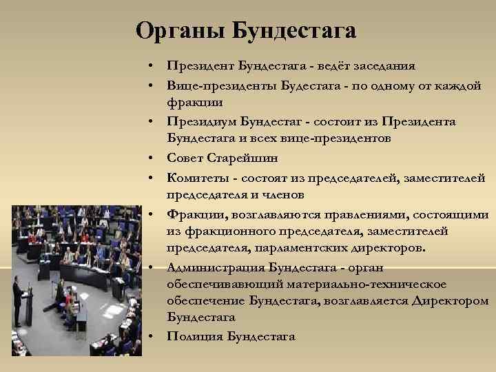 Органы Бундестага • Президент Бундестага - ведёт заседания • Вице-президенты Будестага - по одному