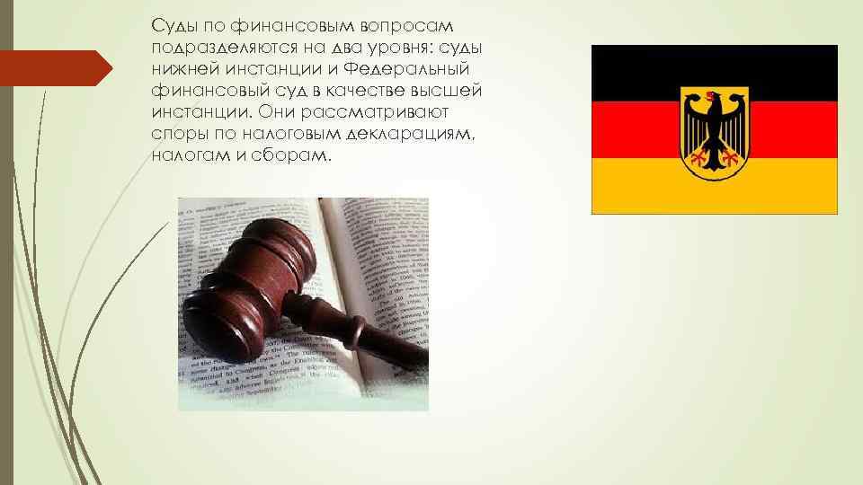 Суды по финансовым вопросам подразделяются на два уровня: суды нижней инстанции и Федеральный финансовый
