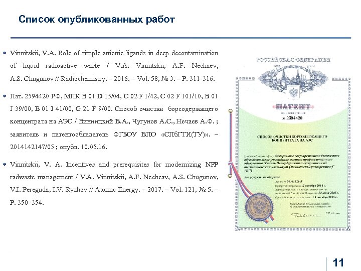 Список опубликованных работ Vinnitskii, V. A. Role of simple anionic ligands in deep decontamination
