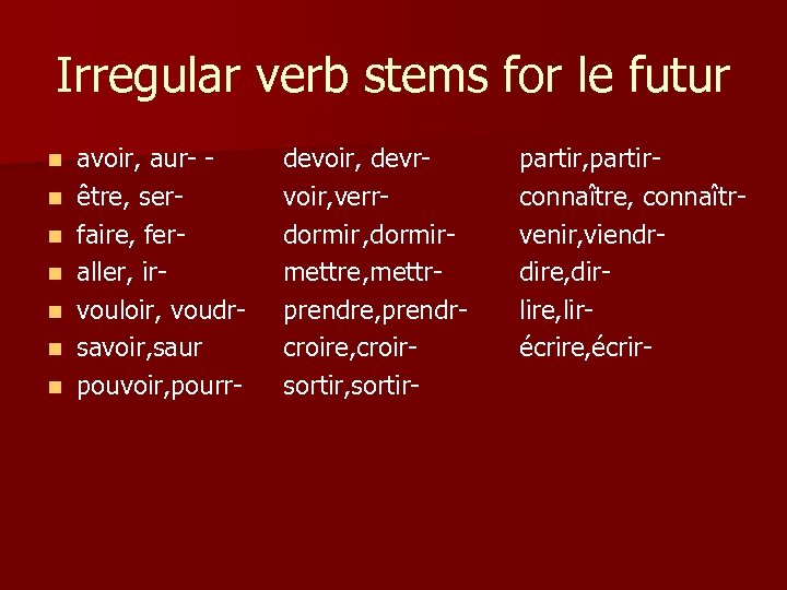 Irregular verb stems for le futur n n n n avoir, aur- - être,