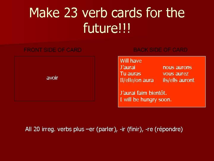 Make 23 verb cards for the future!!! avoir Will have J’aurai Tu auras Il/elle/on