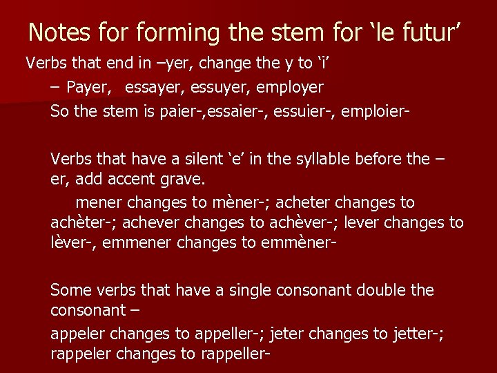 Notes forming the stem for ‘le futur’ Verbs that end in –yer, change the