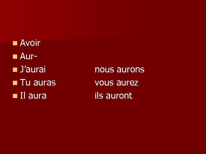 n Avoir n Aurn J’aurai n Tu auras n Il aura nous aurons vous