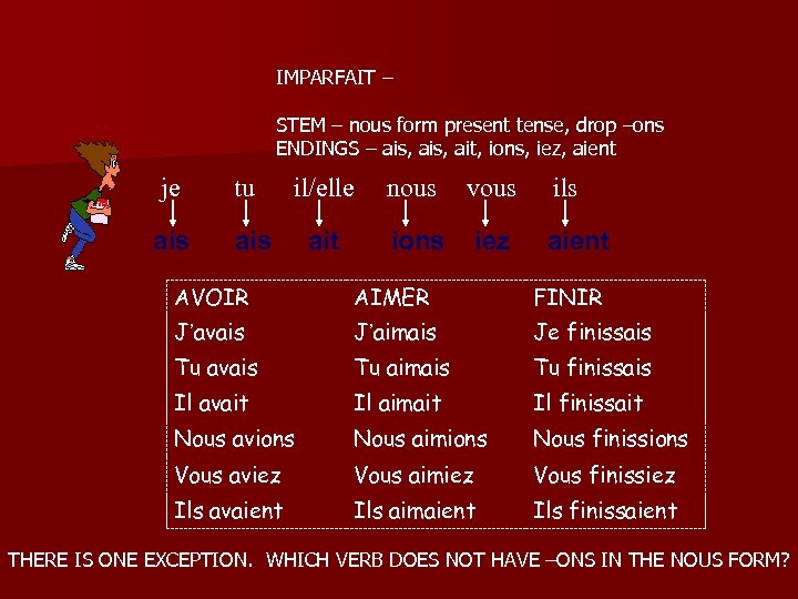  IMPARFAIT – STEM – nous form present tense, drop –ons ENDINGS – ais,