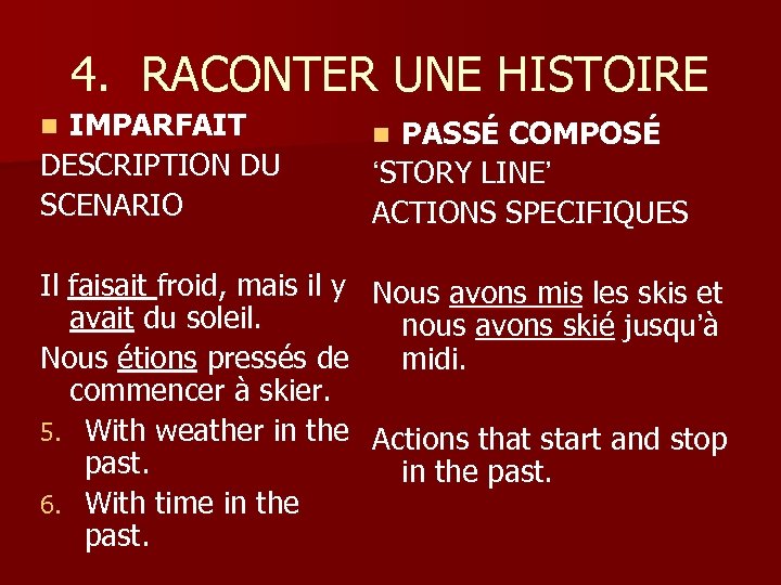 4. RACONTER UNE HISTOIRE IMPARFAIT DESCRIPTION DU SCENARIO n PASSÉ COMPOSÉ ‘STORY LINE’ ACTIONS