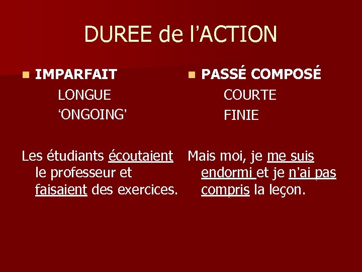 DUREE de l’ACTION n IMPARFAIT LONGUE ‘ONGOING’ n PASSÉ COMPOSÉ COURTE FINIE Les étudiants