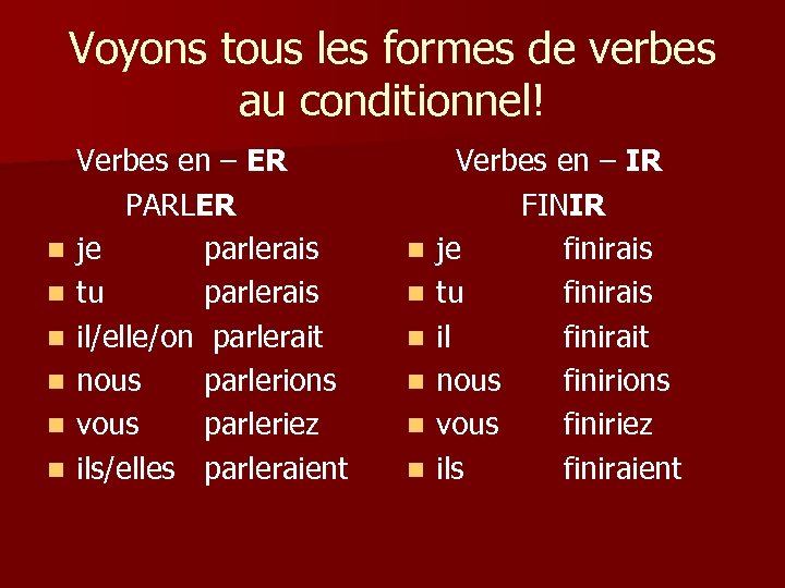 Voyons tous les formes de verbes au conditionnel! n n n Verbes en –
