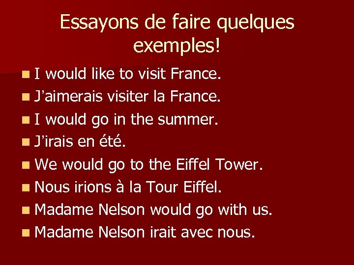 Essayons de faire quelques exemples! n I would like to visit France. n J’aimerais