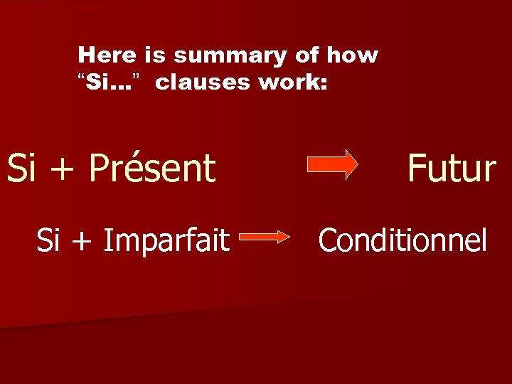 Here is summary of how “Si…” clauses work: Si + Présent Futur Si +