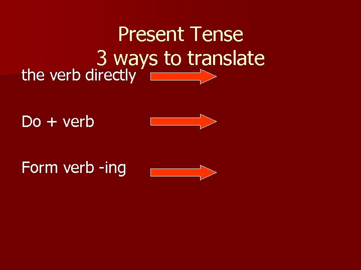 Present Tense 3 ways to translate the verb directly Do + verb Form verb