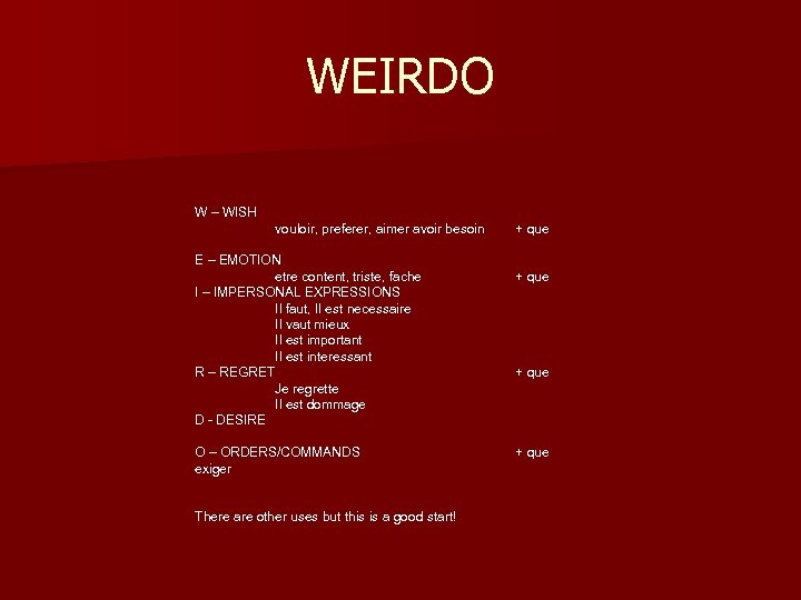 WEIRDO W – WISH vouloir, preferer, aimer avoir besoin E – EMOTION etre content,