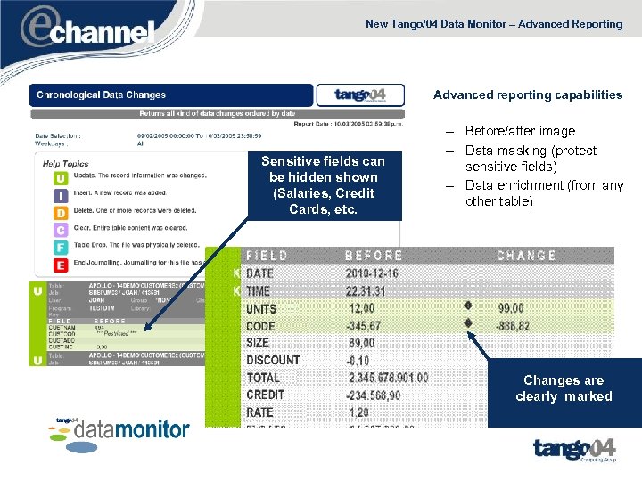 New Tango/04 Data Monitor – Advanced Reporting Advanced reporting capabilities Sensitive fields can be
