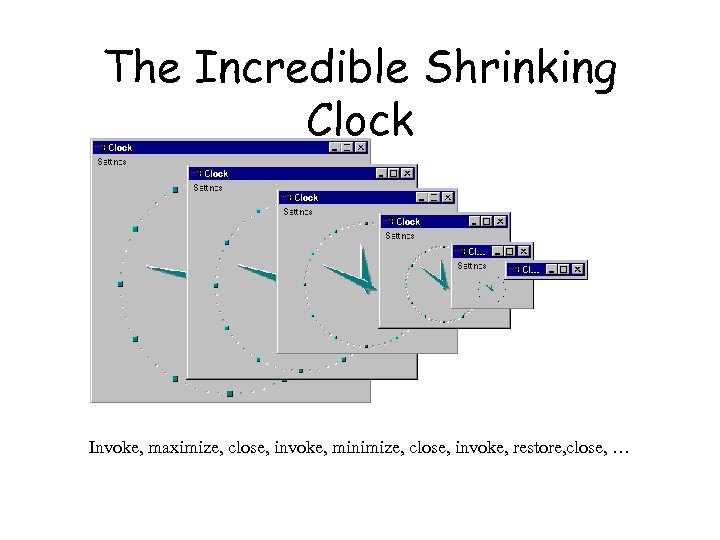 The Incredible Shrinking Clock Invoke, maximize, close, invoke, minimize, close, invoke, restore, close, …