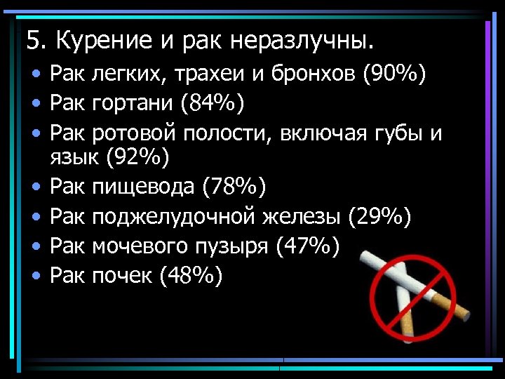 5. Курение и рак неразлучны. • Рак легких, трахеи и бронхов (90%) • Рак