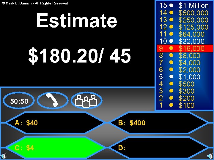 © Mark E. Damon - All Rights Reserved Estimate $180. 20/ 45 50: 50