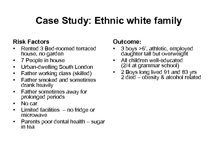 Case Study: Ethnic white family Risk Factors Outcome: • • • Rented 3 Bed-roomed