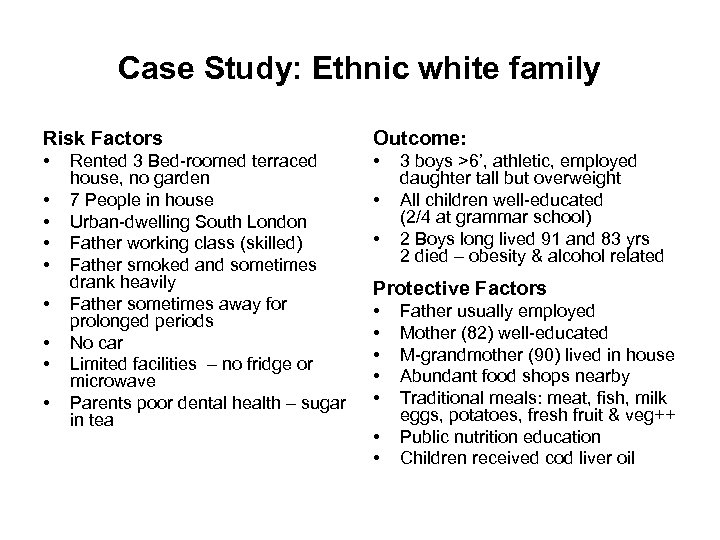Case Study: Ethnic white family Risk Factors Outcome: • • • Rented 3 Bed-roomed