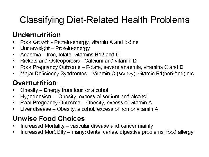 Classifying Diet-Related Health Problems Undernutrition • • • Poor Growth - Protein-energy, vitamin A