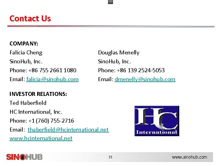 Contact Us COMPANY: Falicia Cheng Sino. Hub, Inc. Phone: +86 755 2661 1080 Email: