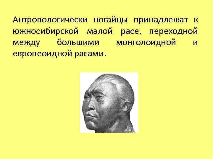 Антропологически ногайцы принадлежат к южносибирской малой расе, переходной между большими монголоидной и европеоидной расами.