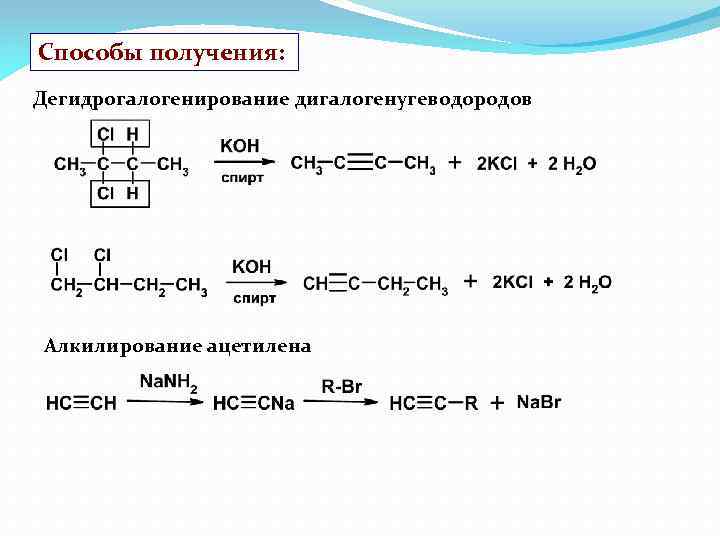 Способы получения: Дегидрогалогенирование дигалогенугеводородов Алкилирование ацетилена 