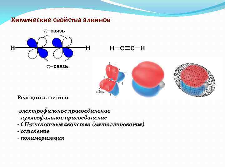 Химические свойства алкинов Реакции алкинов: -электрофильное присоединение - нуклеофильное присоединение - СН-кислотные свойства (металлирование)