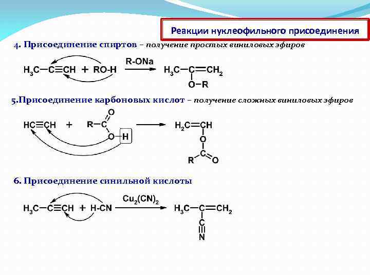 Реакции нуклеофильного присоединения 4. Присоединение спиртов – получение простых виниловых эфиров 5. Присоединение карбоновых