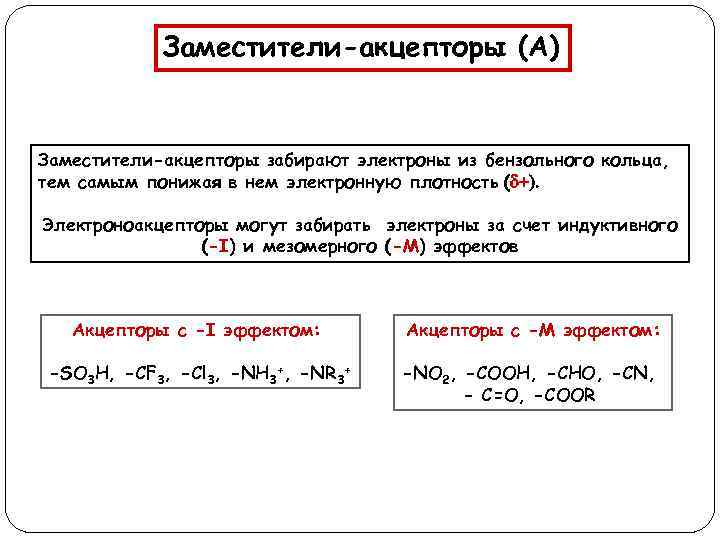 Заместители-акцепторы (А) Заместители-акцепторы забирают электроны из бензольного кольца, тем самым понижая в нем электронную