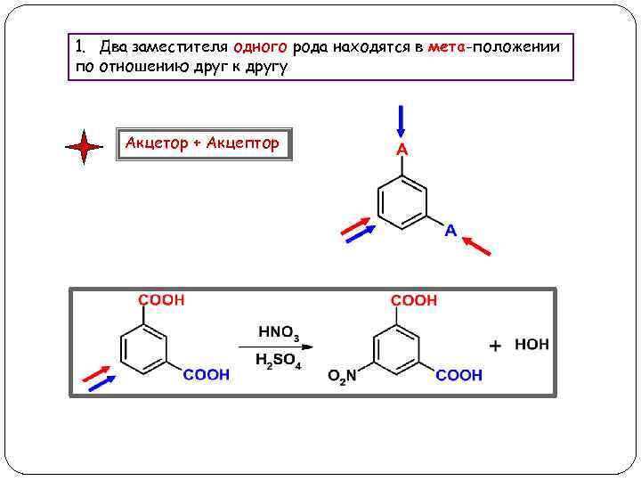 1. Два заместителя одного рода находятся в мета-положении по отношению друг к другу Акцетор